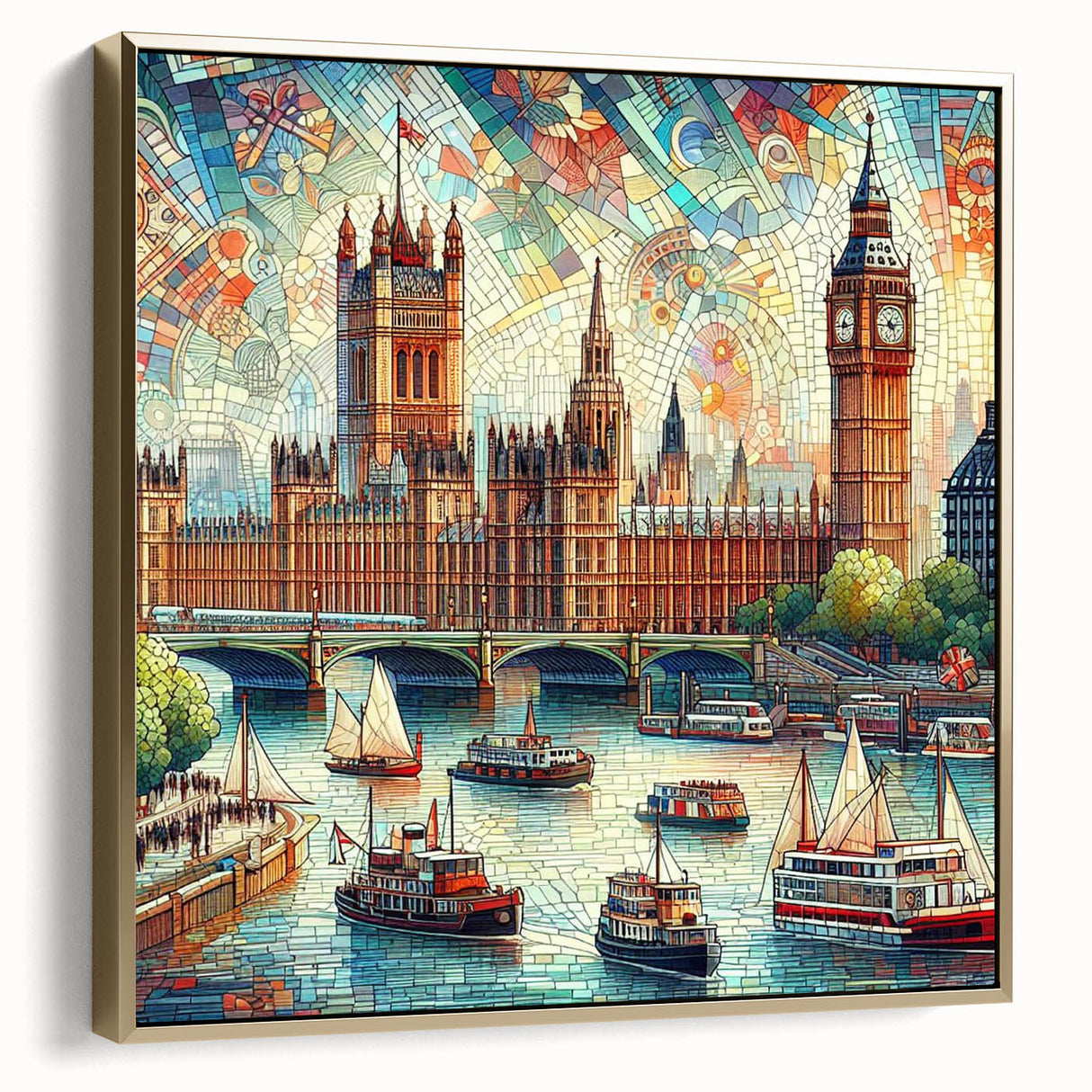 Landscape painting of London with silver and gold tones on a framed canvas, suitable as wall art for a bedroom.