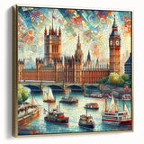 Landscape painting of London with silver and gold tones on a framed canvas, suitable as wall art for a bedroom.