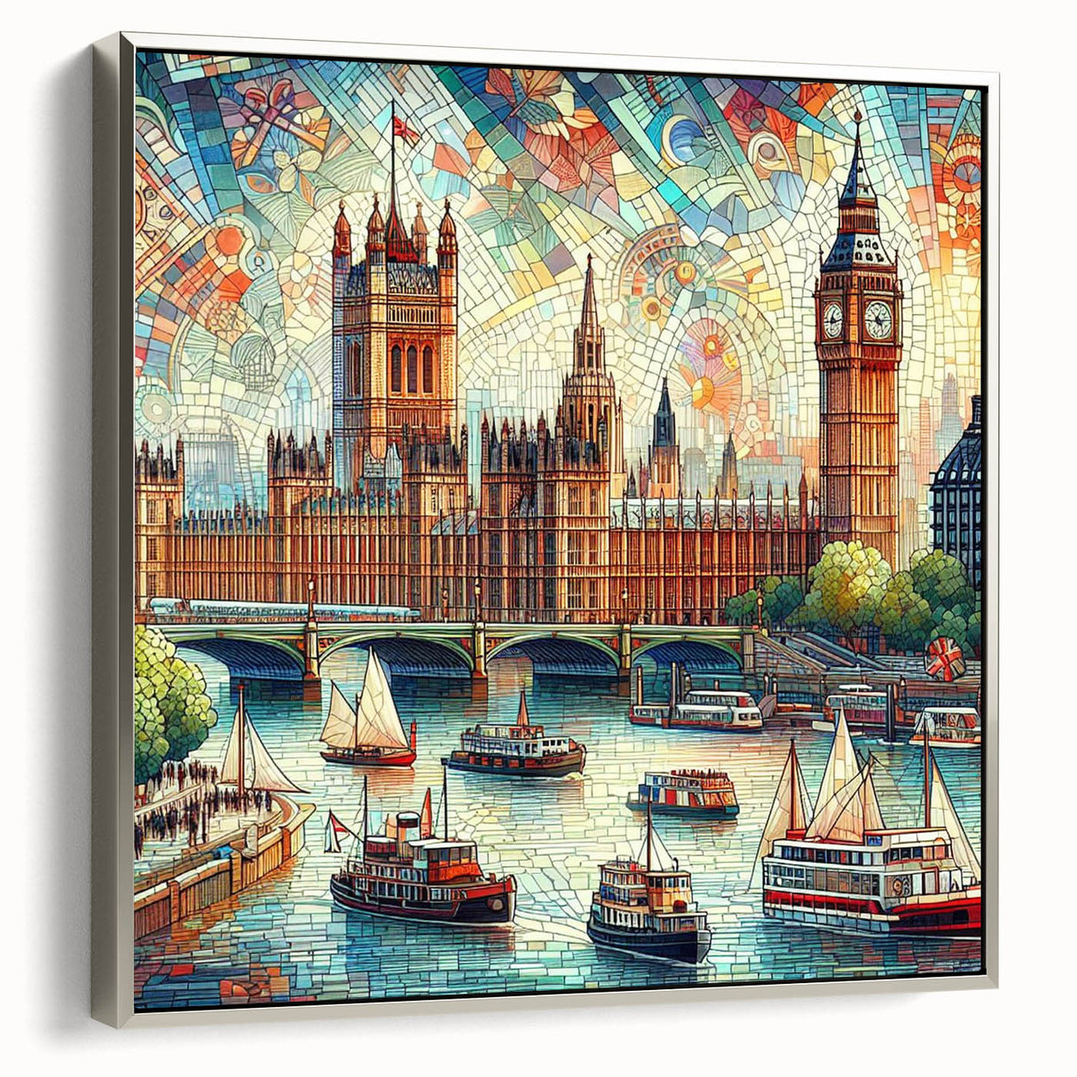Landscape art painting of London with colorful highlights, displayed on a silver-framed canvas, ideal for office decor.
