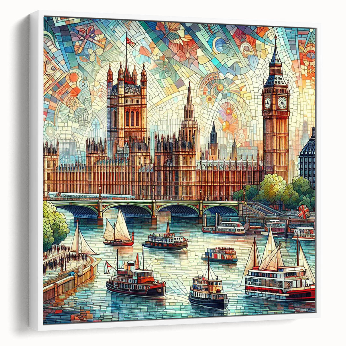 Vintage poster art of London featuring colorful landmarks on a large framed canvas, suitable for living room decor.