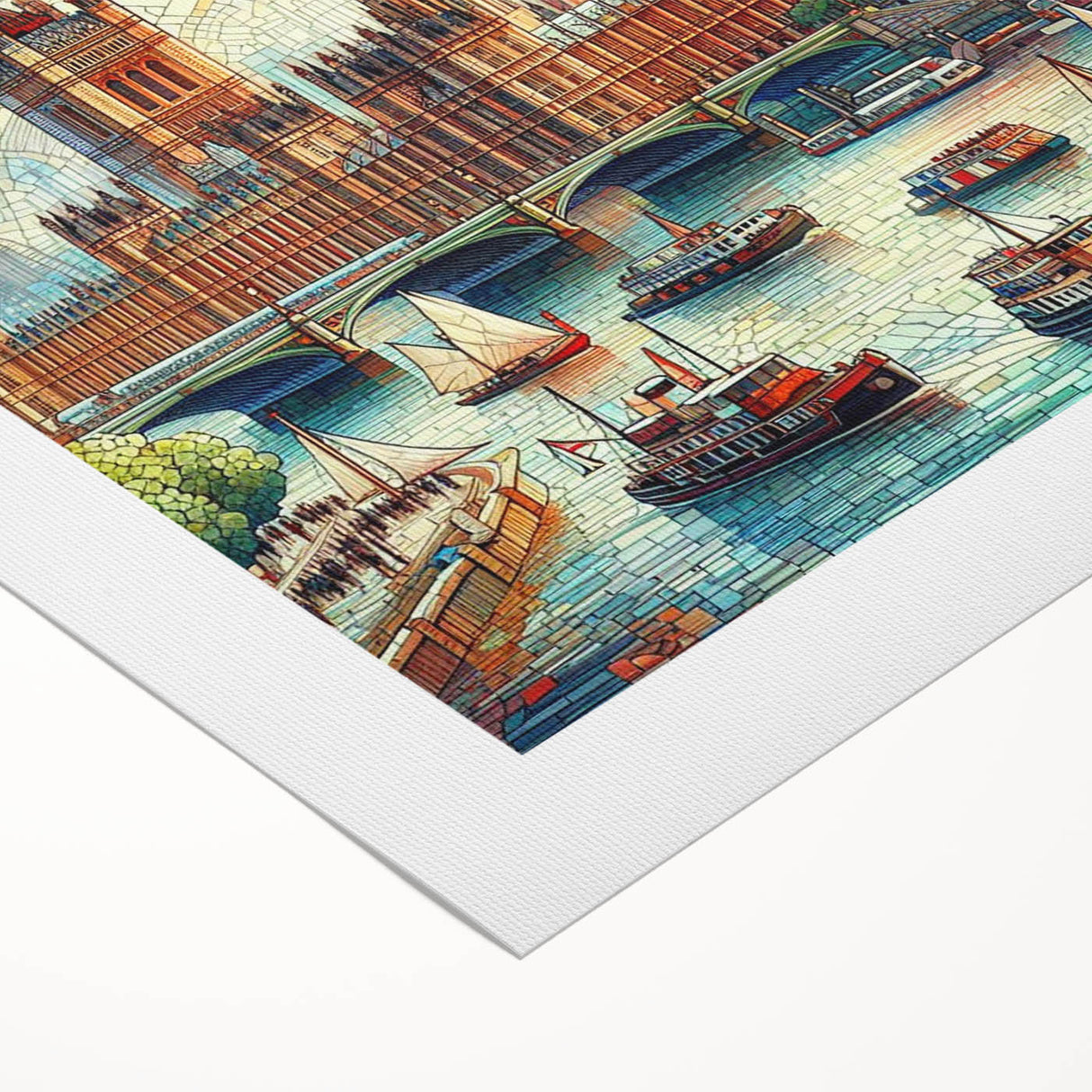 Art deco poster of London skyline in muted gray and blue tones on rolled canvas, suitable for dining room or bathroom.