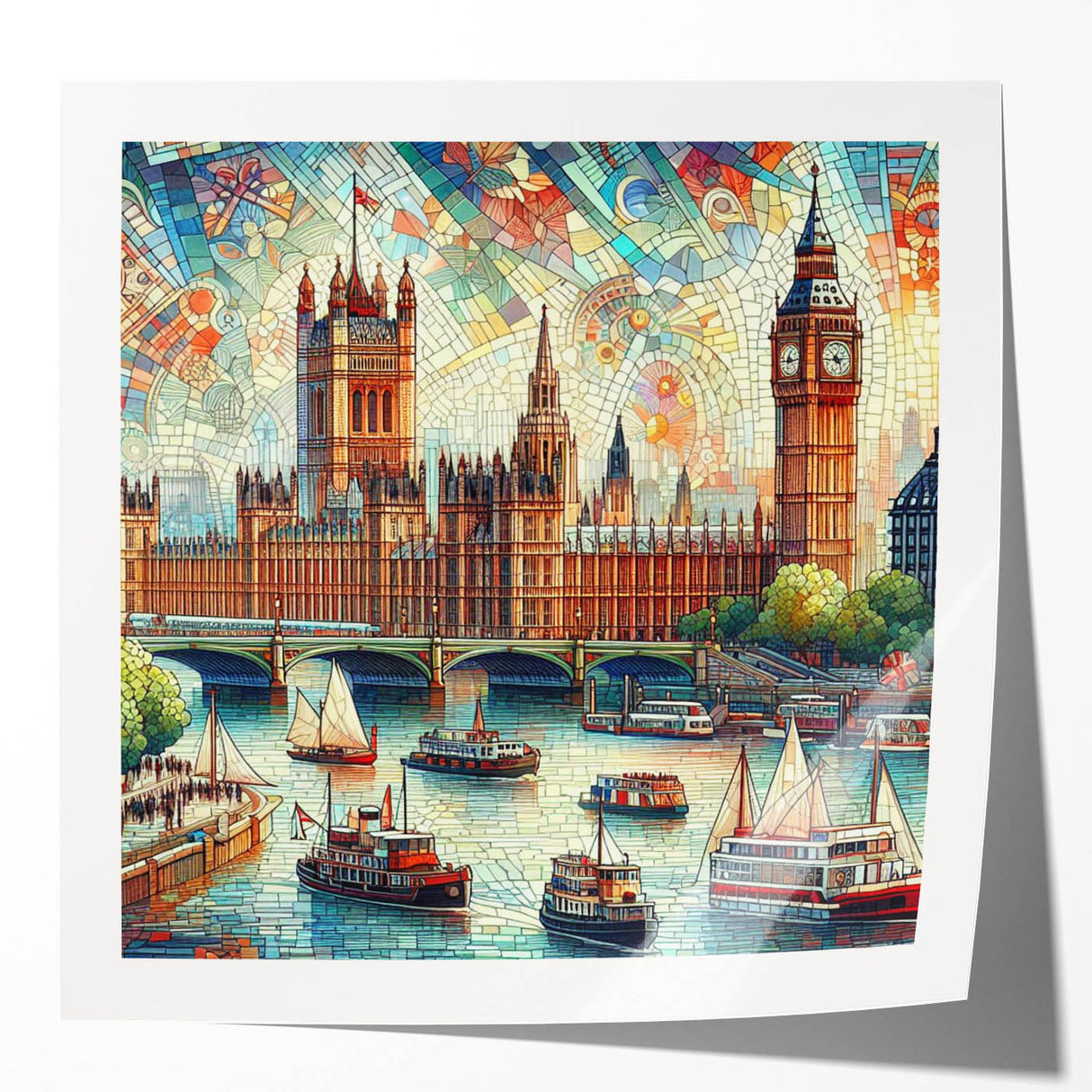 Extra large rolled print of London scenery with vibrant floral accents, ideal for art wall dining room.