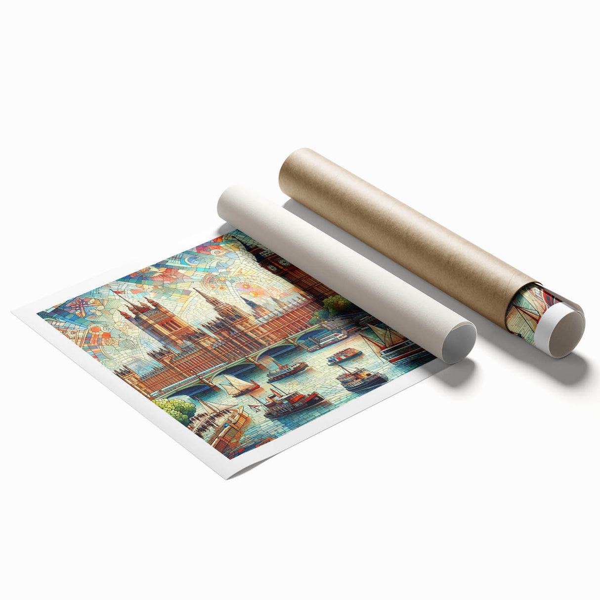Extra large rolled print of London scenery with floral elements in soft pastel shades, ideal for classy bathroom wall art.