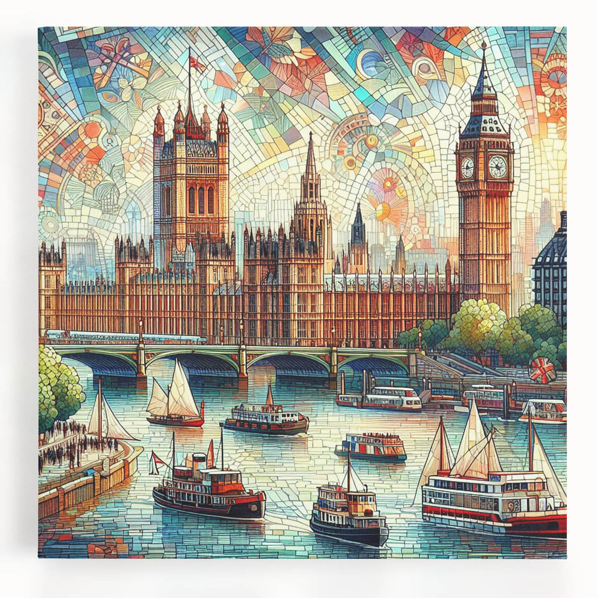 Black and white large art print of London skyline on stretched canvas, ideal for kitchen wall art or bedroom.