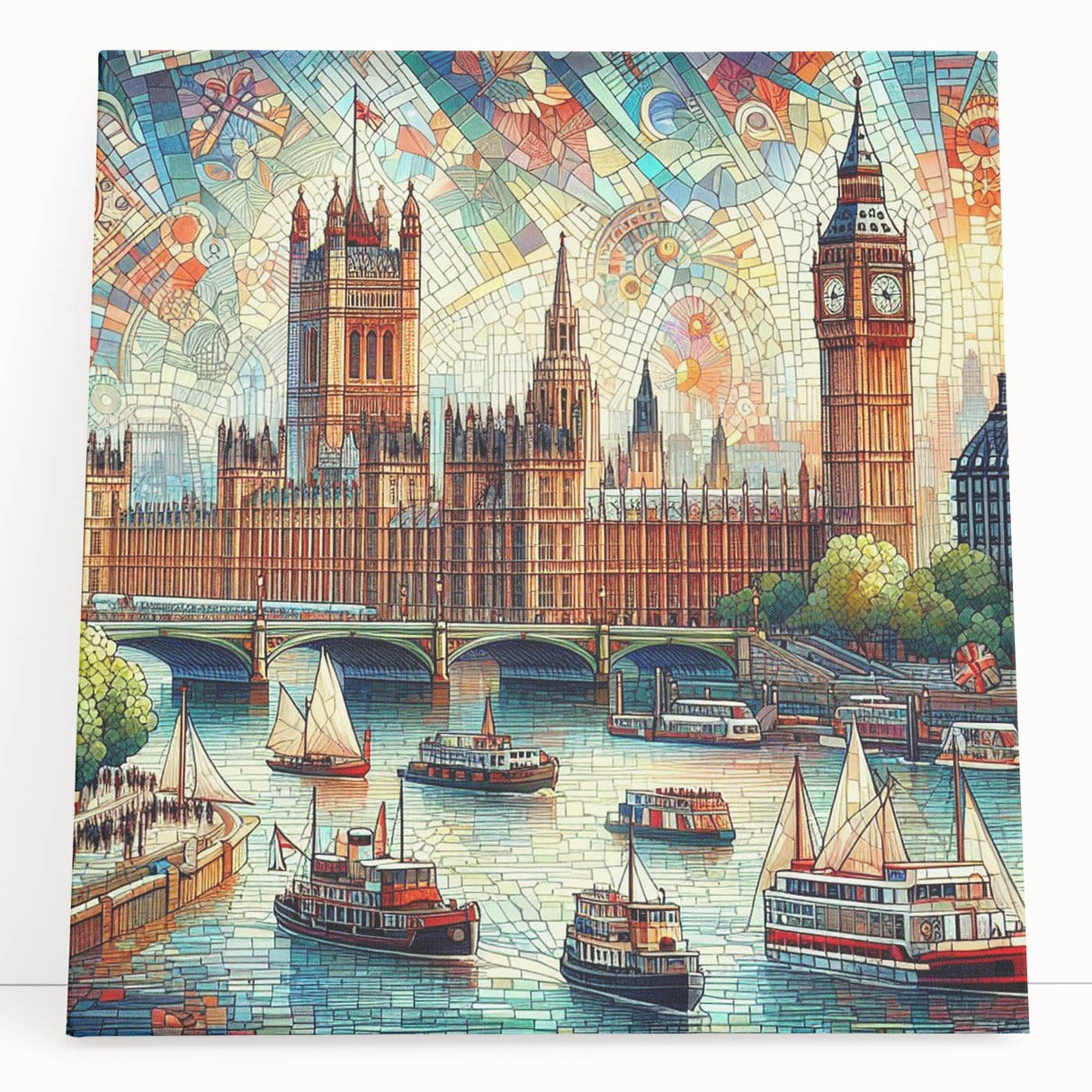 Black and white stretched canvas of London scenery, ideal for kitchen wall art.