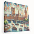 Large art depicting the London skyline in muted gray and blue tones on stretched canvas, suitable for kitchen wall art.