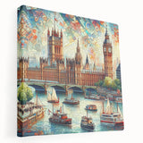 Large art depicting the London skyline in muted gray and blue tones on stretched canvas, suitable for kitchen wall art.