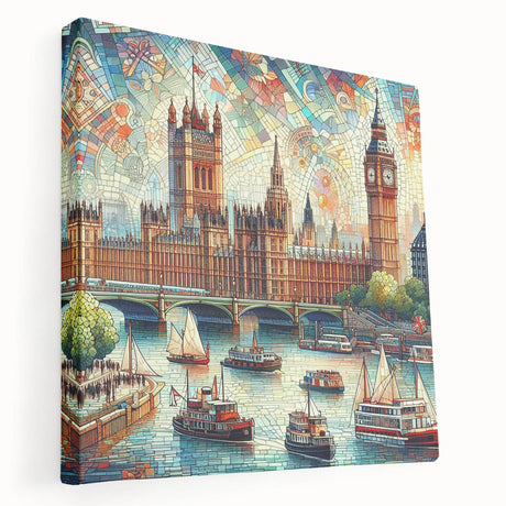 Large art depicting the London skyline in muted gray and blue tones on stretched canvas, suitable for kitchen wall art.