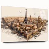 Large abstract depiction of Paris on acrylic glass, featuring soft gray and blue tones.