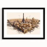 Colorful abstract art print of Paris scenery in vibrant hues on a large framed canvas, ideal for living room decor.