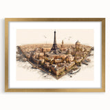 Extra large abstract art print of Paris scenery in textured style, with gold frame, ideal for living room wall.
