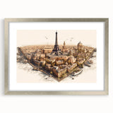 Textured abstract art print of Paris scenery in muted earth tones, framed with a silver mat, suitable for bedroom wall decor.