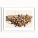 Abstract art print of Paris scenery in muted gray and blue tones, framed with a white mat, suitable for dining room decor.