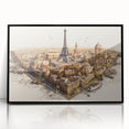 Large abstract wall art featuring a Parisian street scene in muted gray and blue tones, framed in black acrylic.
