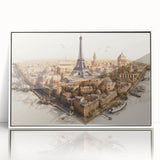 Mid-century modernist art of the Eiffel Tower in muted gray tones on a framed acrylic, suitable for nursery wall art.