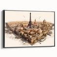 Black and white framed canvas of Paris landscape with vintage poster art style, ideal for bedroom decor.
