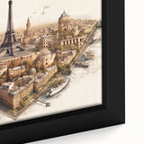 Extra large framed canvas featuring a textured black depiction of the Paris skyline with colorful accents.