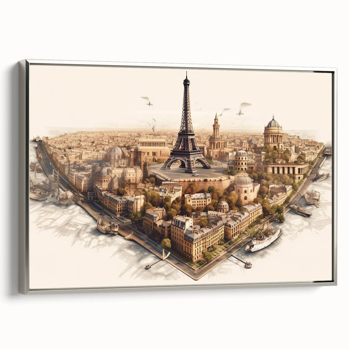 Landscape art painting of Paris with vibrant colors on a black background, framed in silver, ideal for living room decor.