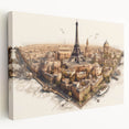 Parisian street scene printed on large stretched canvas, featuring muted earth tones, ideal for kitchen wall art.