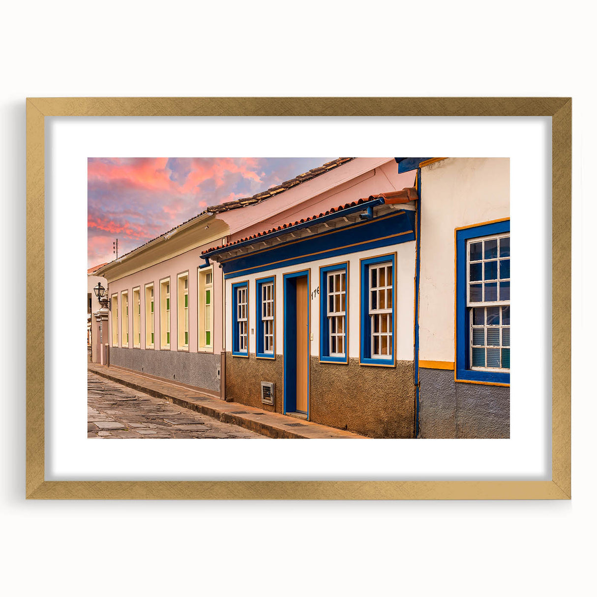Extra large abstract art print of a textured Brazilian landscape in gold frame, ideal for living room decor.