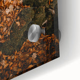 Large abstract wall art in autumnal shades on acrylic glass, ideal for dining room ambiance.