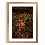 Extra large abstract art print depicting autumnal colors in textured strokes, framed in gold, suitable for living room decor.