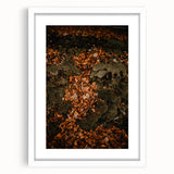 Abstract art print of fall foliage in orange and yellow tones on a white framed canvas, ideal for dining room decor.