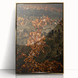 Large art print of a mid-century modernist autumn scene in warm gold tones, framed acrylic, ideal for nursery wall decor.