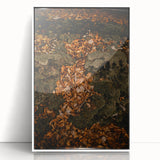 Art deco poster featuring a stylized fall scene in warm orange and brown tones on a white acrylic framed print.