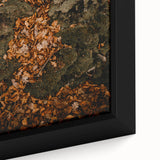 Close-up of a black framed canvas featuring a textured, colorful abstract design, ideal for living room decor.