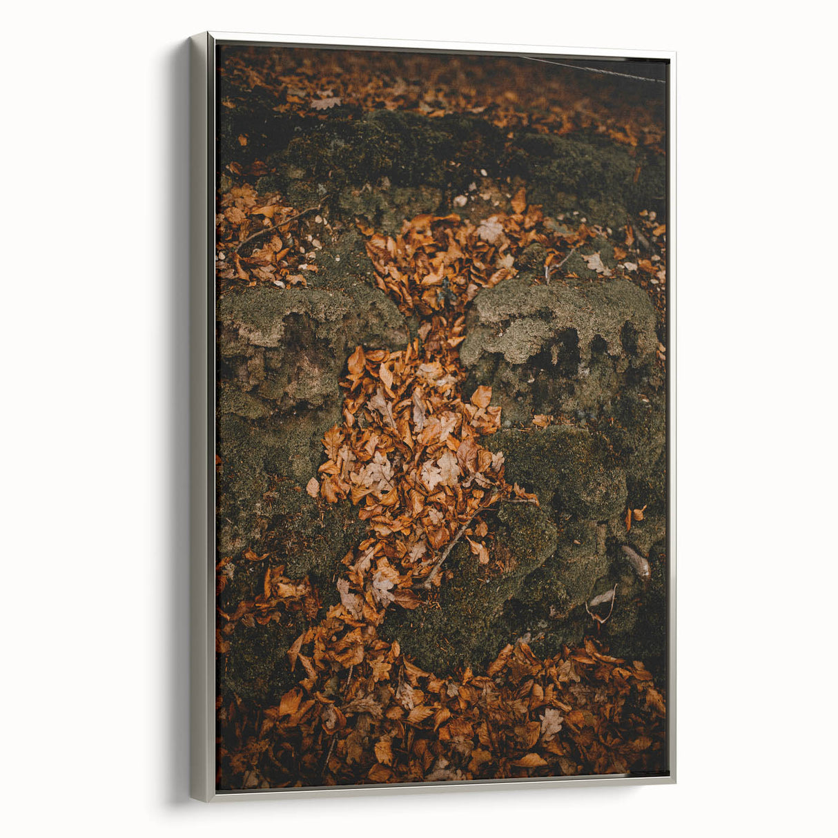 Framed canvas featuring a vintage-style landscape art painting of autumn trees in vibrant orange and red tones.