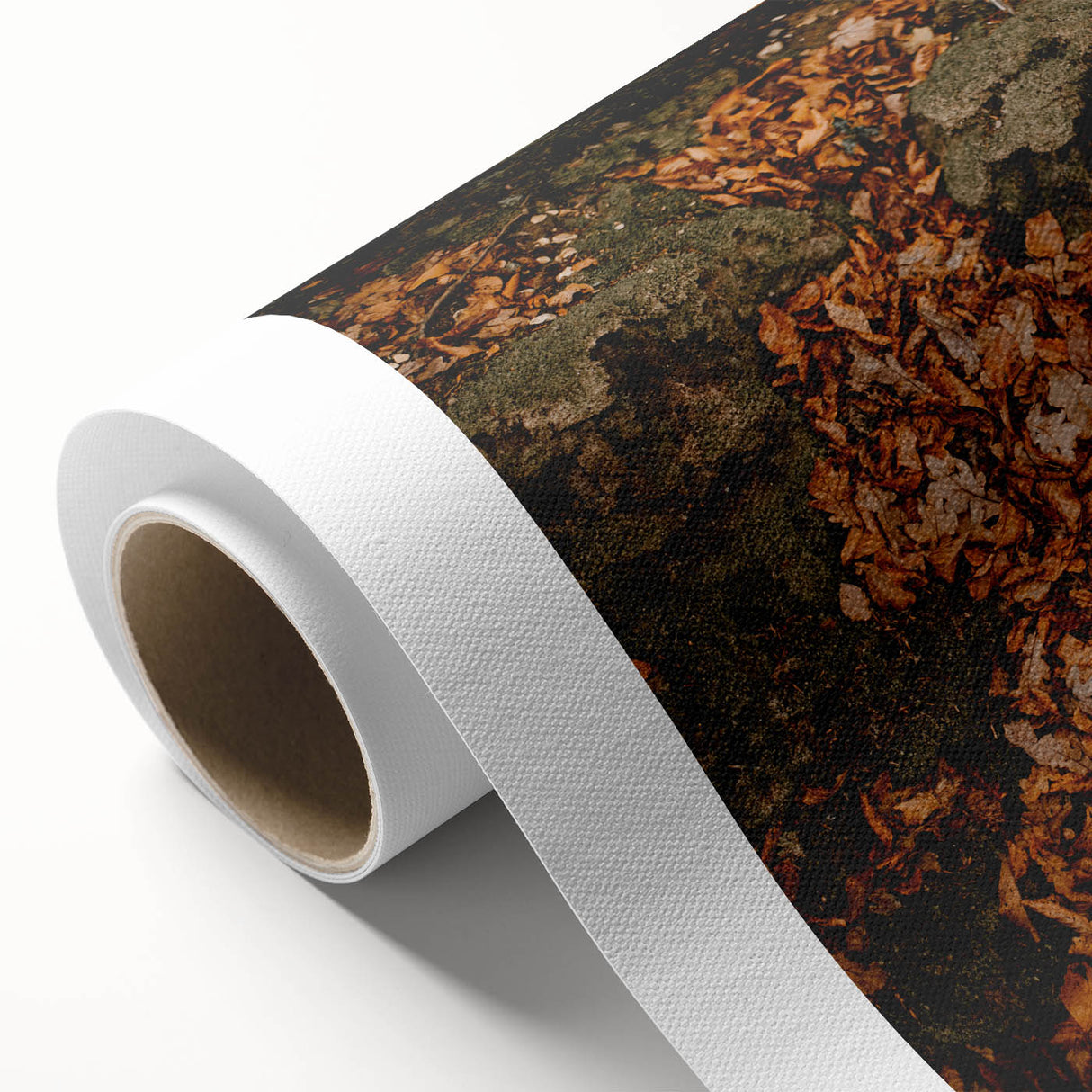 Art deco poster featuring autumnal forest scene on rolled canvas, with warm orange and brown tones.