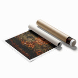 Extra large rolled print of autumnal floral art in warm orange and red tones, ideal for classy bathroom wall art.