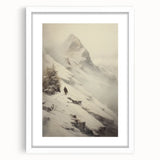 Abstract art print depicting a winter scene in muted blue and white tones, framed with a white mat.