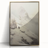 Mid-century modernist winter scene in muted gray and gold tones, acrylic print framed, ideal for modern nursery decor.