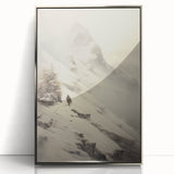 Mid-century modernist winter scene in cool blue tones, framed acrylic, ideal for nursery wall decor.