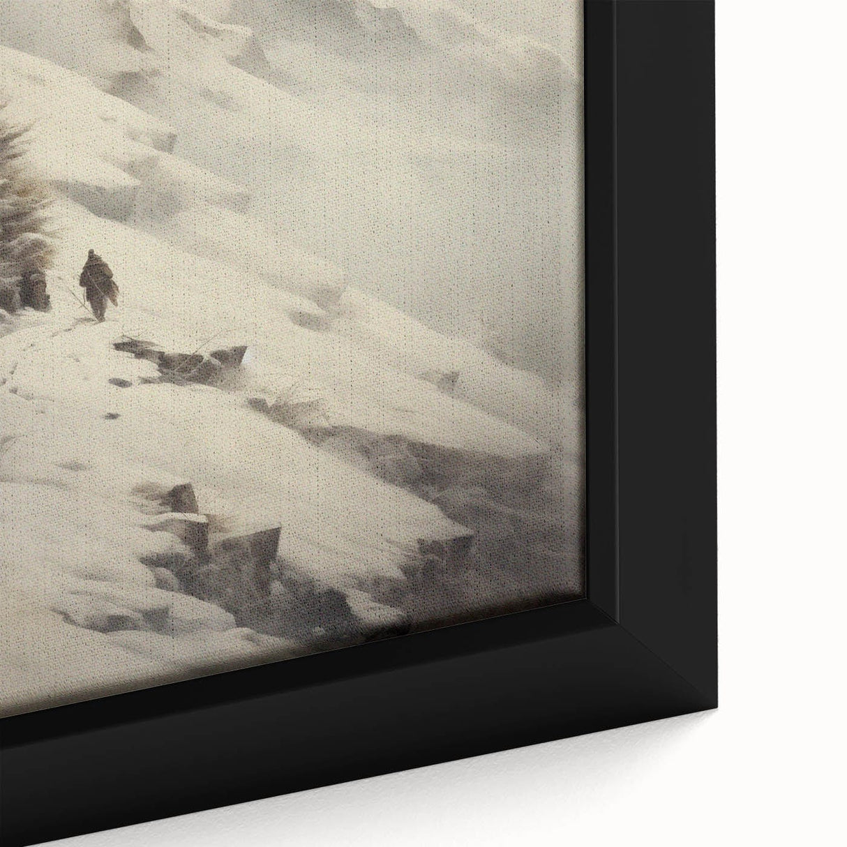 Black wall art featuring a textured winter scene with colorful accents on a framed canvas.