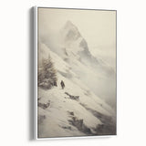 Vintage poster art of a winter scene on framed canvas, featuring muted blue and white tones, ideal for living room decor.