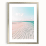 Textured abstract art print in muted blue and gray tones, framed in silver, suitable for bedroom wall decor.