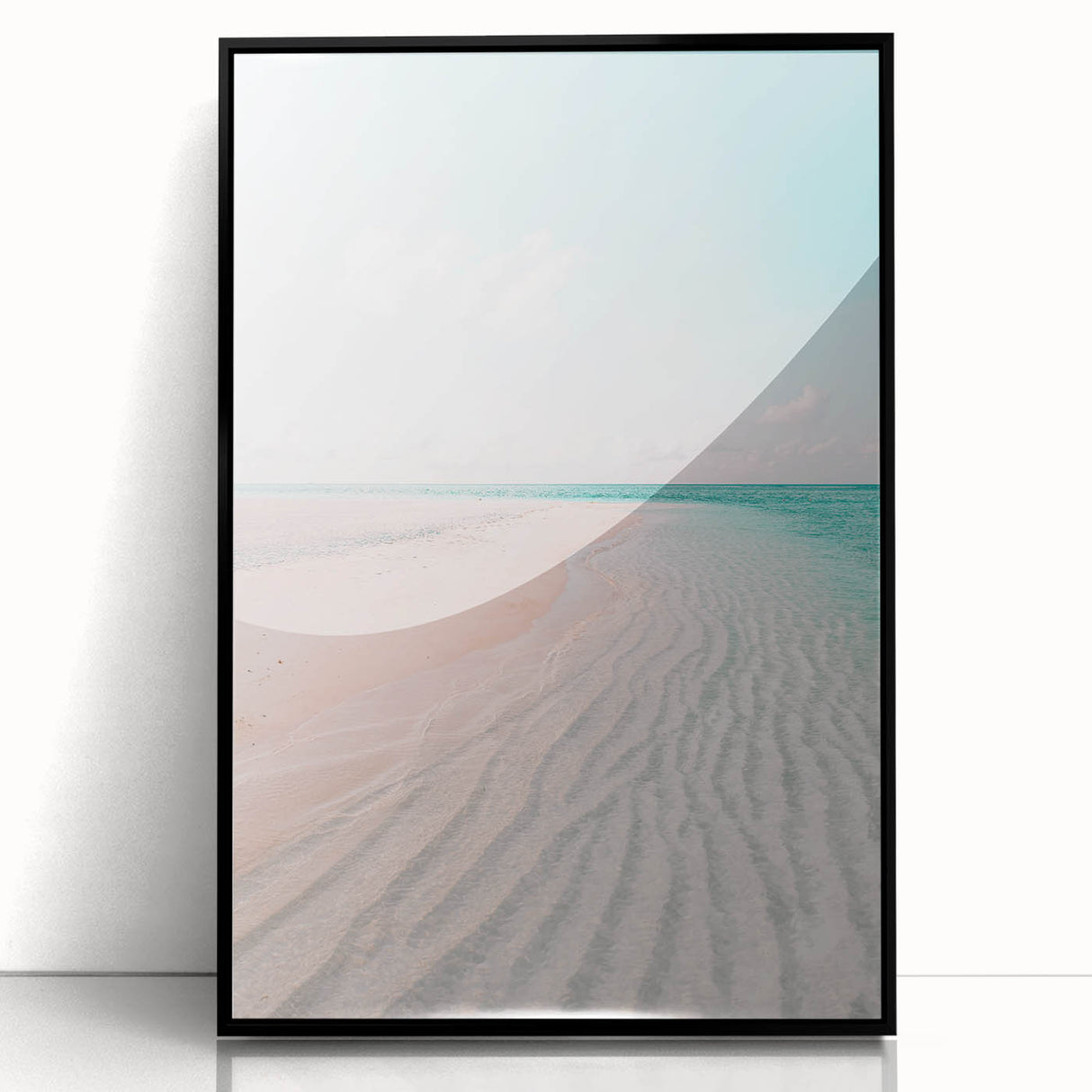 Large abstract wall art in mid-century modernist style, featuring vibrant orange and blue tones on acrylic print.