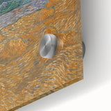 Large abstract wall art on acrylic glass depicting mid-century modernist design in vibrant hues.