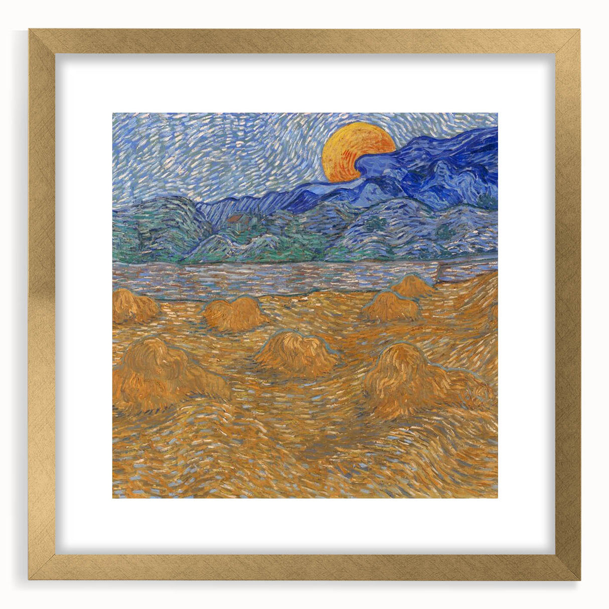 Abstract art print of swirling blue and yellow tones on a framed canvas, suitable for dining room or bedroom decor.