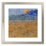 Extra large abstract art print featuring textured swirls in vibrant blue and yellow hues, framed in silver.