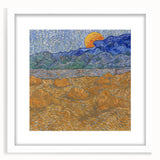 Textured abstract art print in vibrant blue and yellow hues, framed in white, ideal for bedroom art.