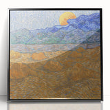 Large abstract wall art featuring swirling blue and yellow patterns on a framed acrylic print.