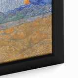 Close-up of a textured, extra large framed canvas featuring a Van Gogh-inspired colorful art scene on a black background.