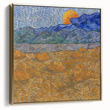 Framed canvas featuring a Van Gogh-inspired landscape with silver and gold tones, suitable as wall art for a bedroom.