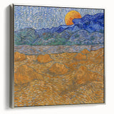 Vintage-style landscape art painting on a silver-framed canvas, featuring colorful hills and a black sky.