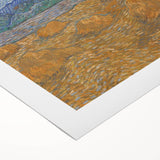 Art deco poster of a cityscape in muted gray and blue tones on a rolled canvas, ideal for dining room wall art.