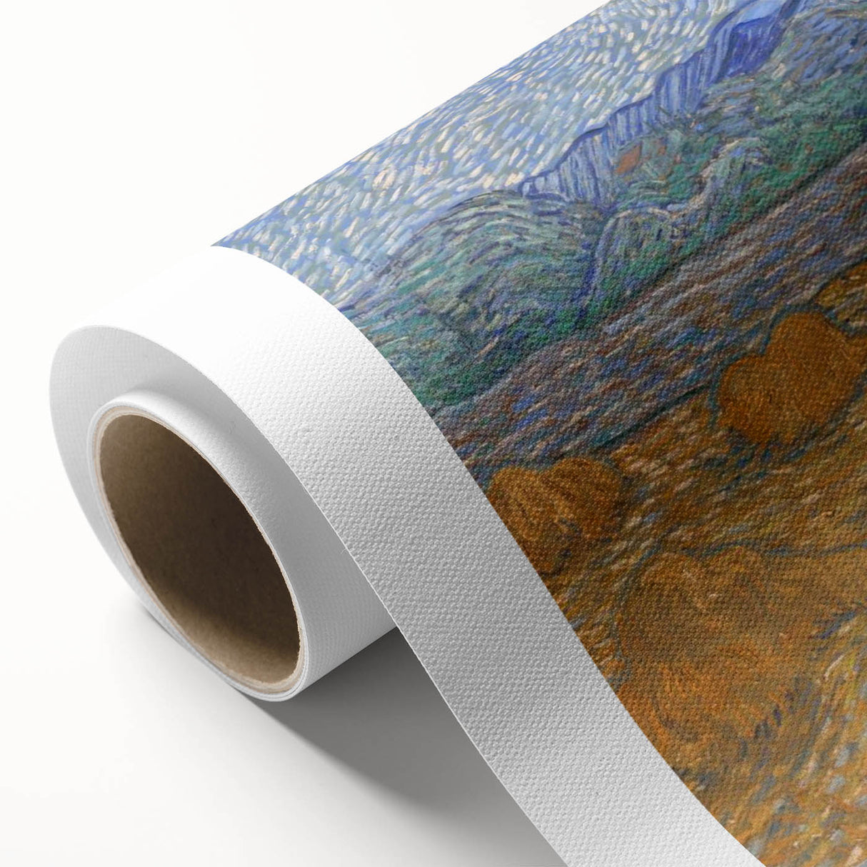 Art deco poster of a Van Gogh painting on rolled canvas, with vibrant blue and yellow tones, ideal for nursery wall art.